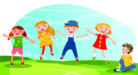 Obraz na płótnie Canvas Group of little children have fun outdoor. Vector illustration 