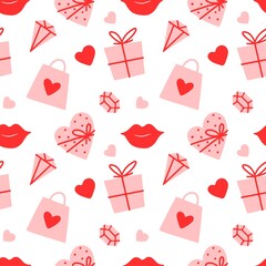 Seamless vector pattern Valentines  day with heart, bag, gift, box, lips, gemstone on white background. Design for textile, fabric, wrapping, wallpaper, backdrop, card, note, invitation