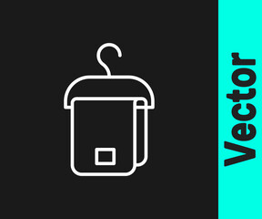 White line Towel on hanger icon isolated on black background. Bathroom towel icon. Vector.