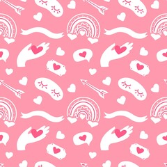 Seamless vector pattern Valentines  day with heart, hand, rainbow, ribbon, bubbles, arrows on pink background. Design for textile, fabric, wrapping, wallpaper, backdrop, card, note, invitation