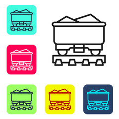Black line Coal train wagon icon isolated on white background. Rail transportation. Set icons in color square buttons. Vector.