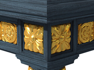  Wood carving. Gold decor of the dining table made of wood. 3D render for project.