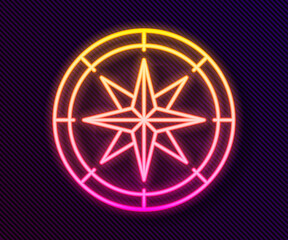 Glowing neon line Compass icon isolated on black background. Windrose navigation symbol. Wind rose sign. Vector.