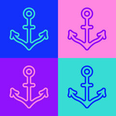 Pop art line Anchor icon isolated on color background. Vector.