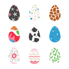 Easter egg set with different designs isolated on white. Animal print, abstractly decorated eggs. Pastel painted food icons for spring holiday. Graphic element collection. Vector flat illustration