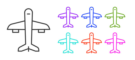 Black line Plane icon isolated on white background. Flying airplane icon. Airliner sign. Set icons colorful. Vector.