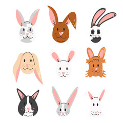 Easter bunny, rabbit faces isolated on white background. Set of cute cartoon animals. Hare breed collection. Design elements for religious holiday, graphic print. Vector flat linear illustration