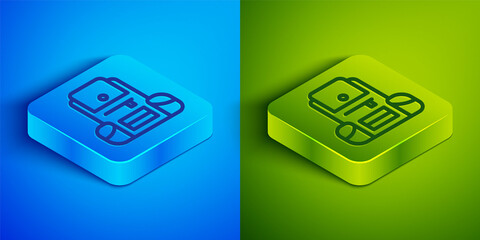 Isometric line Hiking backpack icon isolated on blue and green background. Camping and mountain exploring backpack. Square button. Vector.