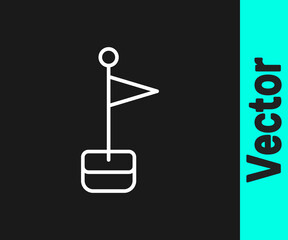 White line Flag icon isolated on black background. Location marker symbol. Vector.