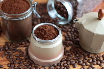 Moka pot (coffee percolator) filled with coffee