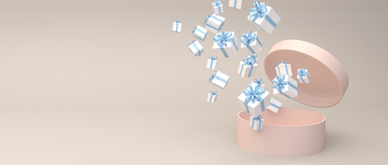 Pink cylinder box with lid open Blooming with many blue gift boxes. Set on a cream background The concept of happy New Year, birthdays, and giving good things. 3d rendering