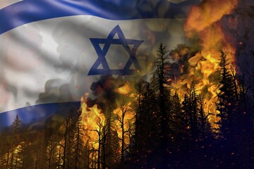 Forest fire fight concept, natural disaster - flaming fire in the woods on Israel flag background - 3D illustration of nature