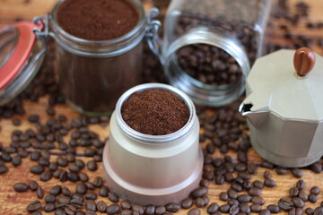 Moka pot (coffee percolator) filled with coffee