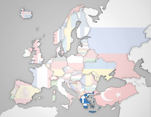 3D Europakarte auf der Griechenland hervorgehoben wird und die restlichen Flaggen transparent sind