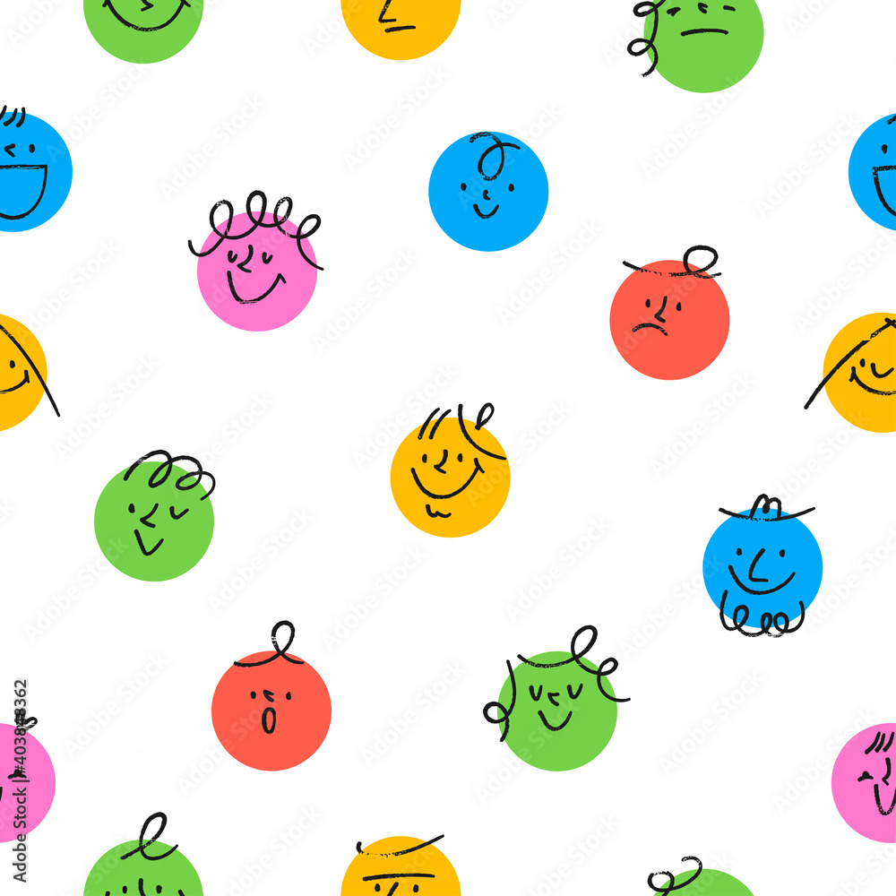 Wall mural Round abstract comic Faces with various Emotions. Crayon drawing style. Different colorful characters. Cartoon style. Flat design. Hand drawn trendy Vector Seamless Pattern. Background, wallpaper