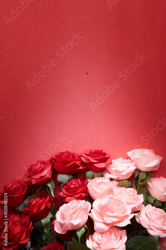 red and pink roses in red background to celebrate anniversary, happy valentine 's day or mother day wallpaper, flyers, invitation, posters, brochure, banners