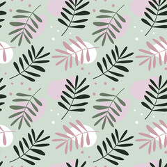 Beautiful vector seamless pattern with leafs and abstract shapes. Modern floral wallpaper in soft shades of green and pastel pink. Stylish texture for wrapping paper, fabric, textile and packaging.