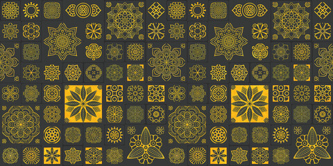 Black and gold abstract background, art colourful vintage geometric ethnic pattern with floral and mandala elements, black matt marbled surface, geometric Moroccan patterns with high resolution.