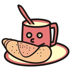 mug and croissant on a saucer and spoon, funny vector illustration