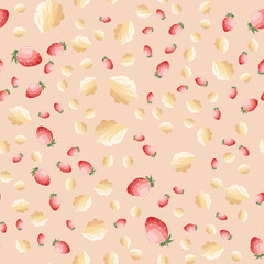 Seamless pattern with strawberries and marshmallows. In pink.