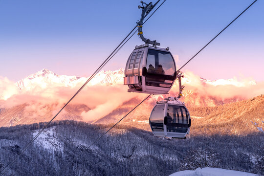 Lift cabins in a mountain ski resort  snowy slope  in a  winter