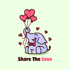 CUTE HAPPY ELEPHANT HOLDING HEART SHAPE BALLOONS  
