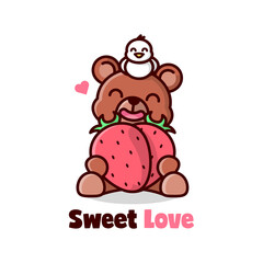 CUTE BROWN BEAR BRINGS TWO BIG STRAWBERRY AND SMILING WITH A LITTLE BIRD ON HIS HEAD