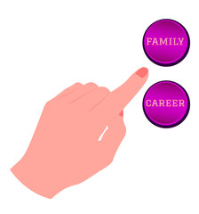 Hand choosing, touching, pressing or pointing Family or Career button with index finger. Isolated vector illustration on white background.	