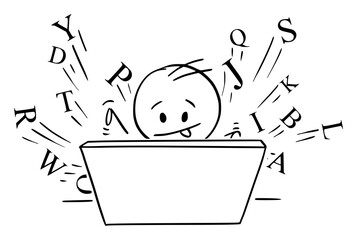 Vector cartoon stick figure illustration of writer,novelist, author, man or businessman typing or working on computer. Letters are flying around.