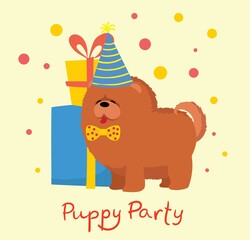 Puppy party background. Cute greeting card with presents and puppy