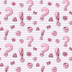 Back to school seamless pattern with hand drawn cute kawaii punctuation marks and flowers. Colored endless backdrop vector illustration for fabric, cloth, print, textile, backsplash or wrapping paper	