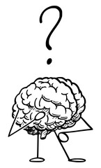 Vector cartoon stick figure illustration of human brain thinking with question mark above.