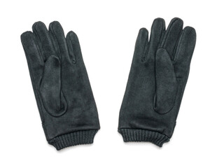 A pair of black suede gloves isolated on a white background.