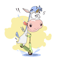 Cute unicorn character riding kick scooter, funny magical animal cartoon vector Illustration