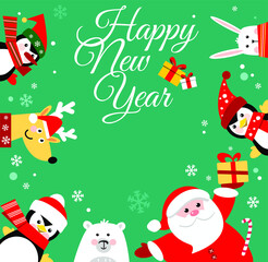 Cute winter animals and Santa. Merry christmas and happy new year. Happy holiday. Vector illustration.