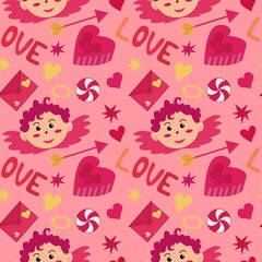 Vector semless pattern with cupid, rose hearts, stars, presents, love letters and sweets on pastel rose background. Cute design for Valentine's day