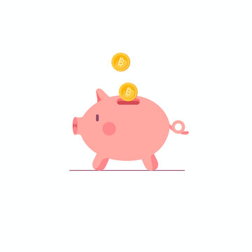 Piggy bank with bitcoin isolated on white background. Blockchain, cryptocurrency concept. Bitcoin saving or accumulation of money, investment. Vector illustration in cartoon flat style