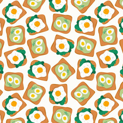 Healthy food concept. Food pattern illustration. Delicious toast with steamed and fried eggs and avocado. Vector seamless pattern. Background wallpaper for prints, textile, fabric. 