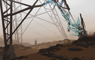 A digital science fiction illustration painting of the explorer finding a mystery signal from the outer planet with brushstroke technique. © Asanee