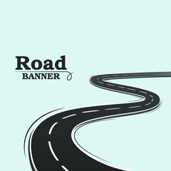 Blue banner, long road. Winding road on a blue background. Road banner. A simple image of a road on a blank background.