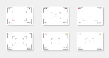 Set of camera frame viewfinder. Video recording screen. Photo camera viewfinders. Modern focusing screen. Vector illustration.