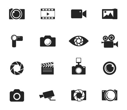 Photo and video icon set. Icons of photography, image, photo gallery, video camera and photo camera. Diaphragm icon. image, photo gallery Vector illustration.
