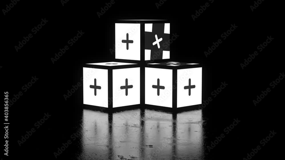 Poster 3d render of stacked cubes with animation on its sides. cross animation illumination. reflective flo