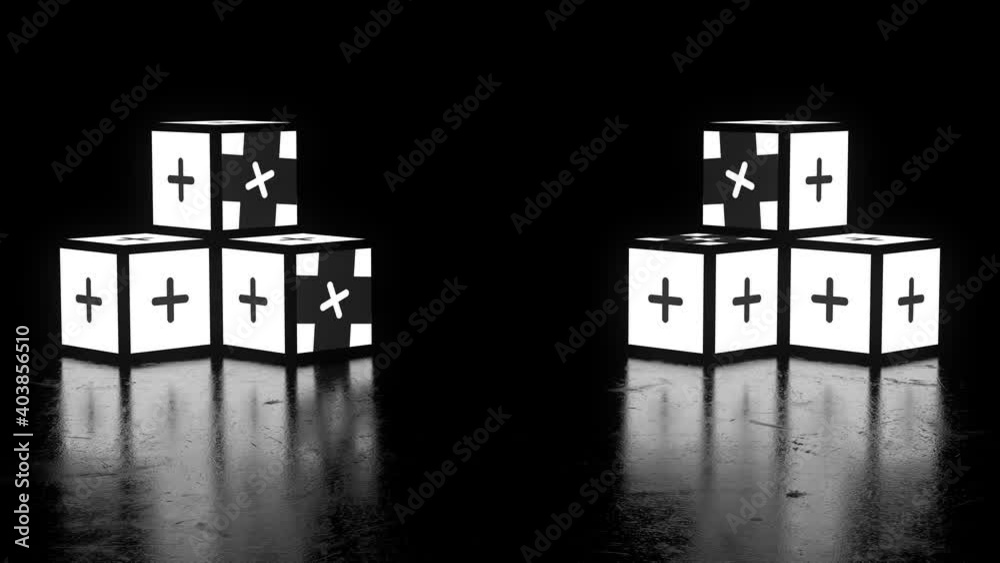 Poster 3d render of stacked cubes with animation on its sides. cross animation illumination. reflective flo