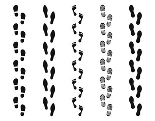 Set of human footprints different shoes. Bare foot prints. Shoe soles print. Black traces of human. Step footprints. Shoe tread prints.
