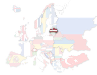 3D Europakarte auf der Lettland hervorgehoben wird und die restlichen Flaggen transparent sind