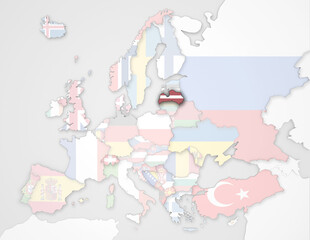3D Europakarte auf der Lettland hervorgehoben wird und die restlichen Flaggen transparent sind