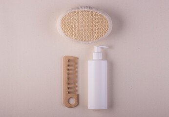 Zero waste bathroom accessories, natural sisal brush, wooden comb and shampoo