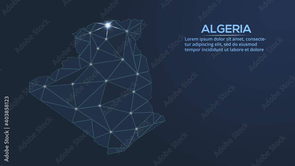 Aufkleber algeria communication network map. vector low poly image of a global map with lights in the form of 
