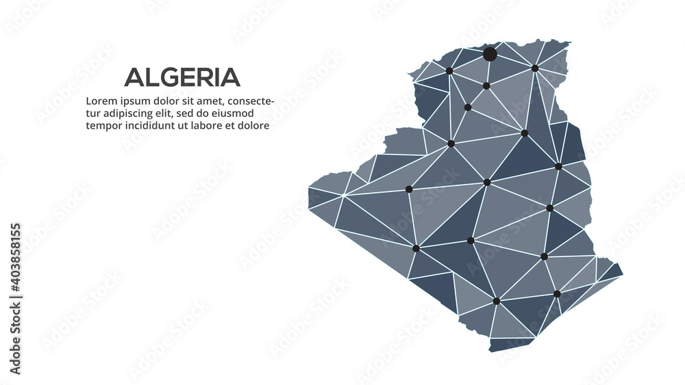 Poster algeria communication network map. vector image of a low poly global map with city lights. map in th